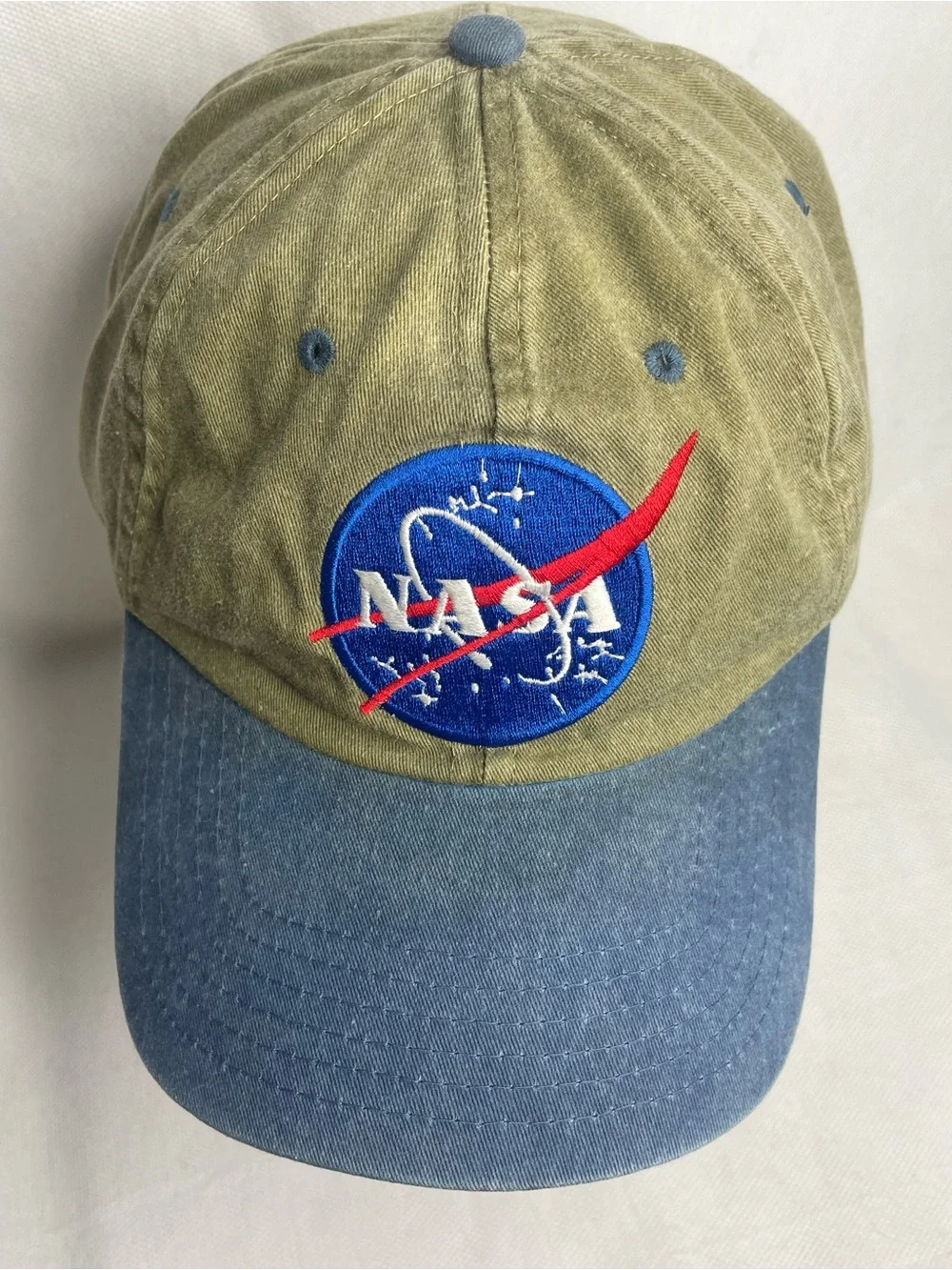 VTG NASA Insignia Embroidered Cotton Cap Plastic Lines Adjustable Snap Olive Hat
